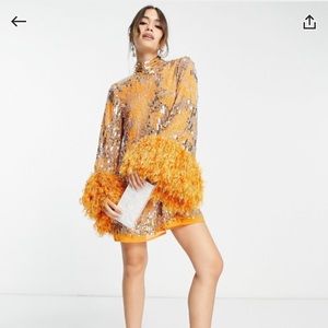 Asos floral sequin and bead mini dress with feather cuff in hot orange